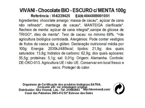 CHOCOLATE VIVANI PRETO COM MENTA BIO 100G image number 1