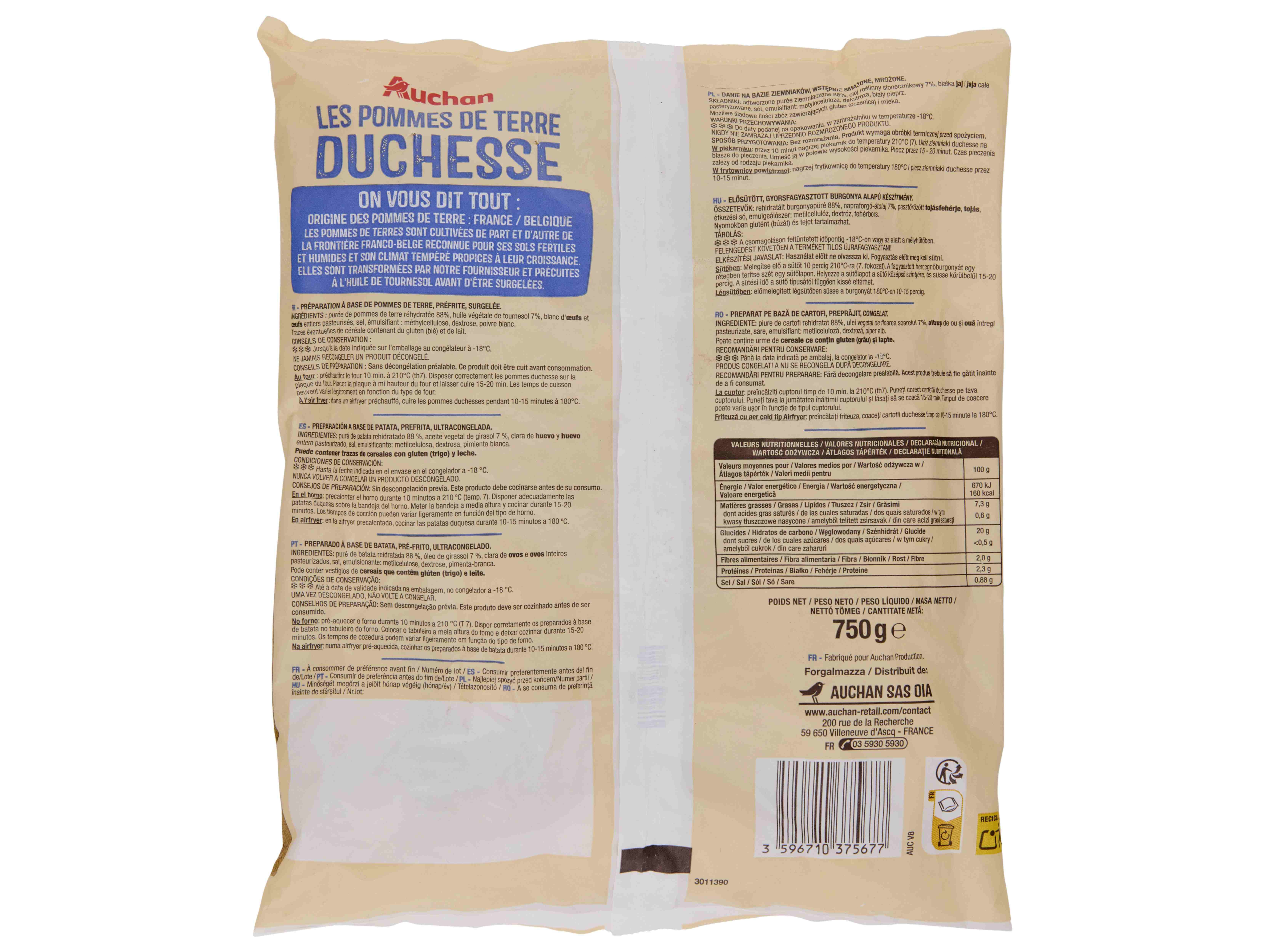 BATATAS AUCHAN DUCHESSE PARA FORNO E AIRFRYER 750G image number 1