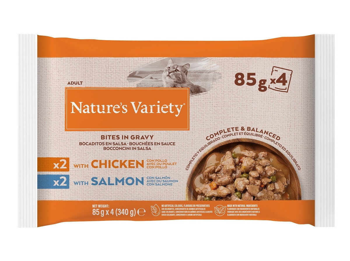 COMIDA H&Uacute;MIDA NATURE'S VARIETY GATO FRANGO/SALM&Atilde;O 4X85G image number 0