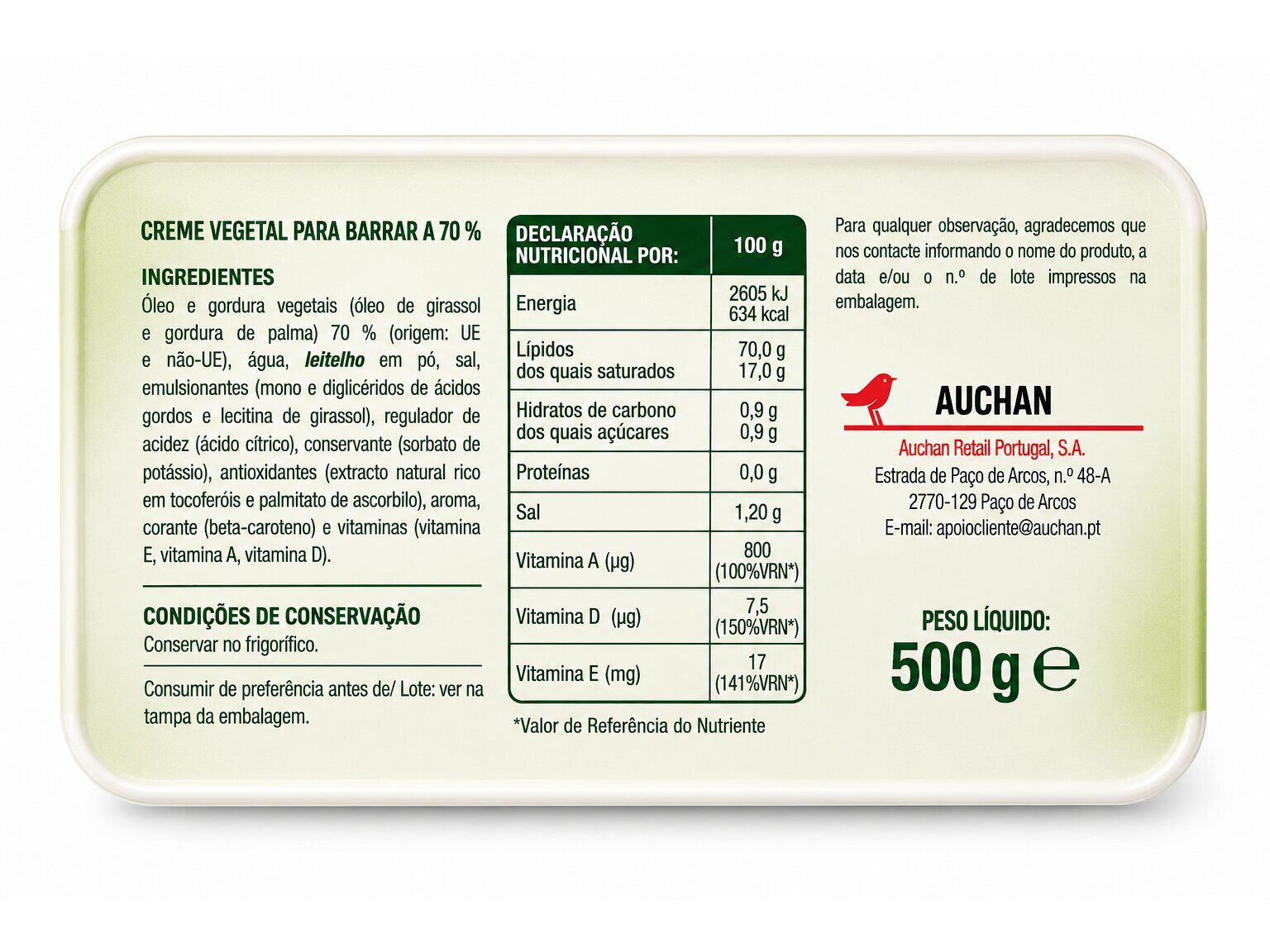 CREME VEGETAL PARA BARRAR AUCHAN SABOR A MANTEIGA 500G image number 1