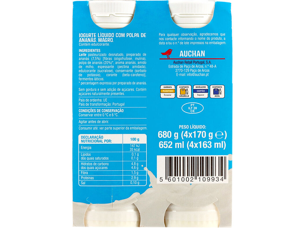 IOGURTE AUCHAN L&Iacute;QUIDO MAGRO ANAN&Aacute;S 4X170G image number 2