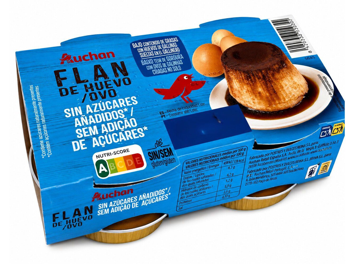 PUDIM FLAN DE OVO AUCHAN SEM ADI&Ccedil;&Atilde;O DE A&Ccedil;&Uacute;CARES SEM GL&Uacute;TEN 4X100G image number 0