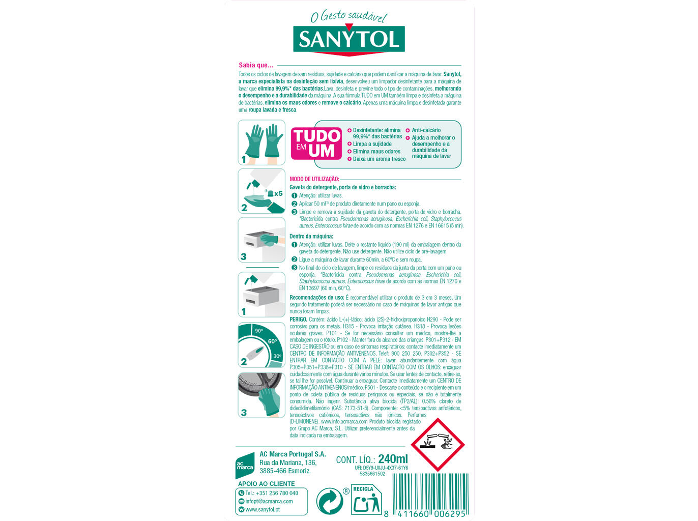 LIMPADOR DESINFETANTE SANYTOL M&Aacute;QUINA LAVAR 240 ML image number 1