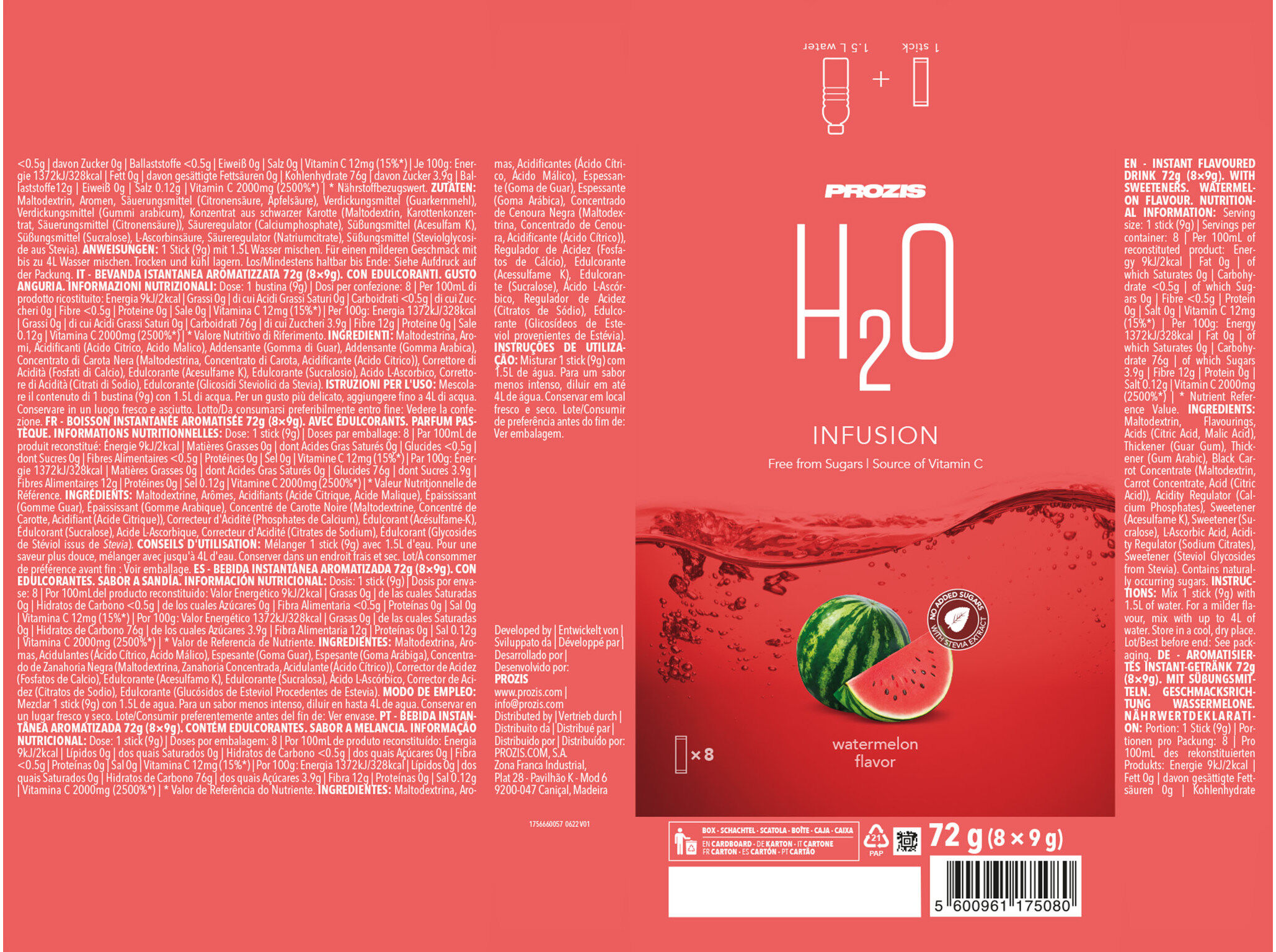 BEBIDA INSTANT&Acirc;NEA H2O PROZIS MELANCIA 72G (8X9G) image number 1
