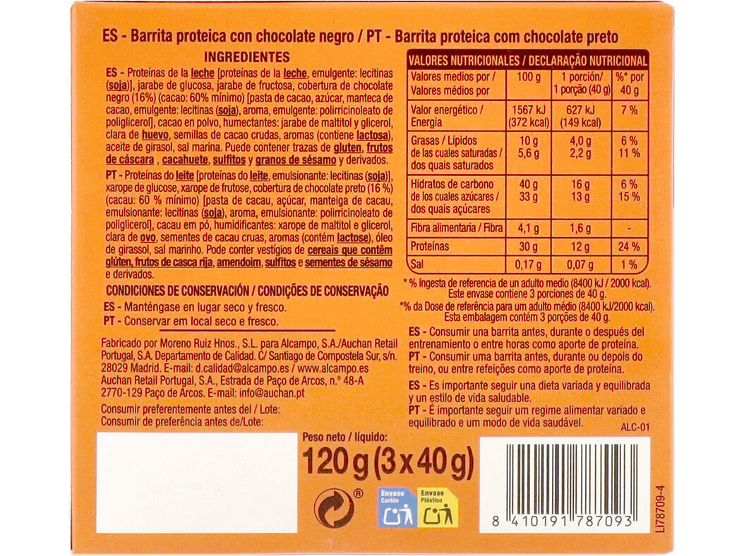 BARRITA PROTEICA AUCHAN COM CHOCOLATE PRETO 3UN 120G image number 2