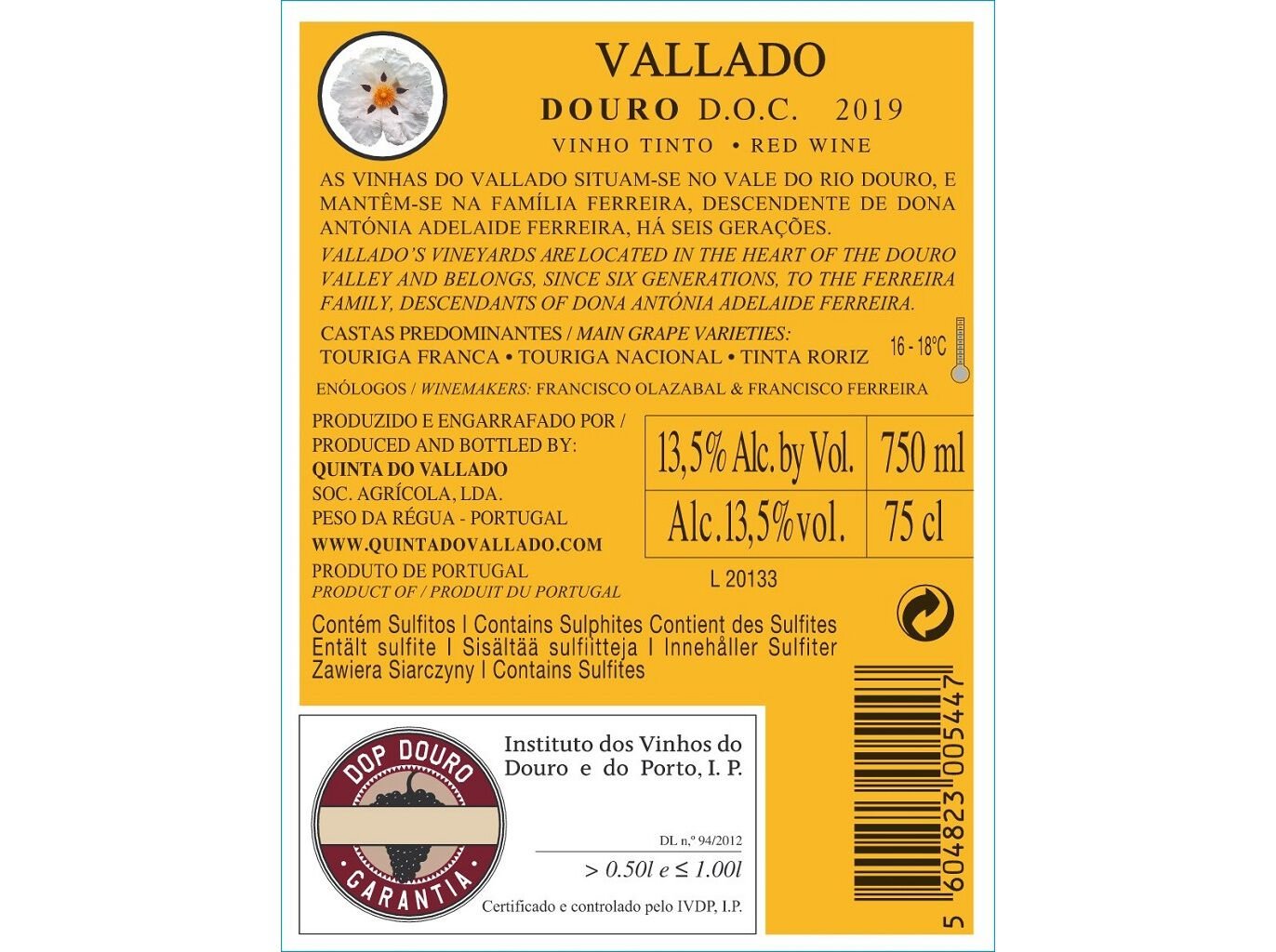 VINHO TINTO QUINTA DO VALLADO DOURO 0.75L image number 1