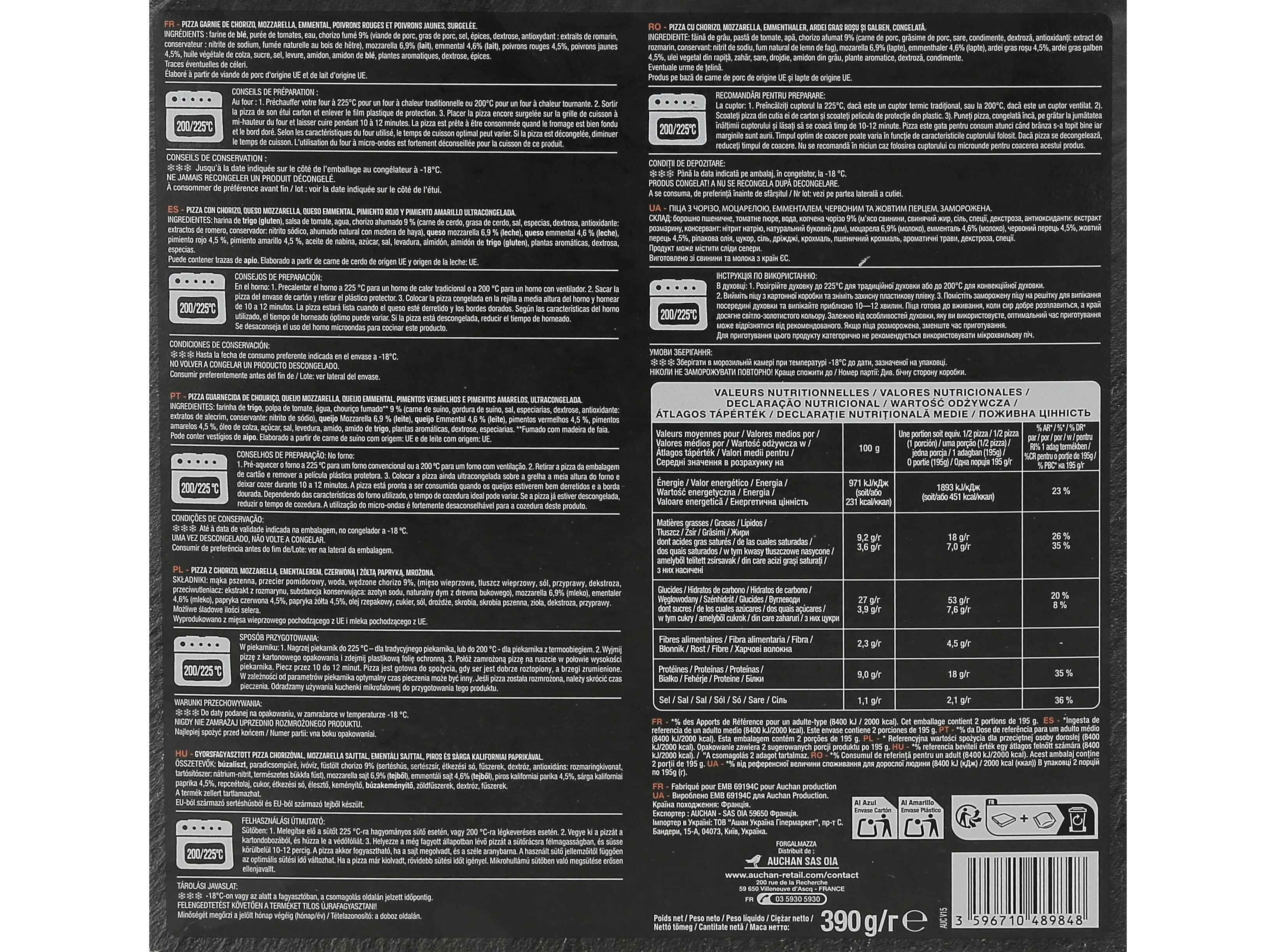 PIZZA AUCHAN MASSA CL&Aacute;SSICA CHOURI&Ccedil;O 390G image number 1