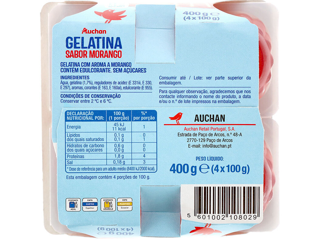 GELATINA AUCHAN MORANGO 0% DE A&Ccedil;&Uacute;CAR 4X100G image number 1