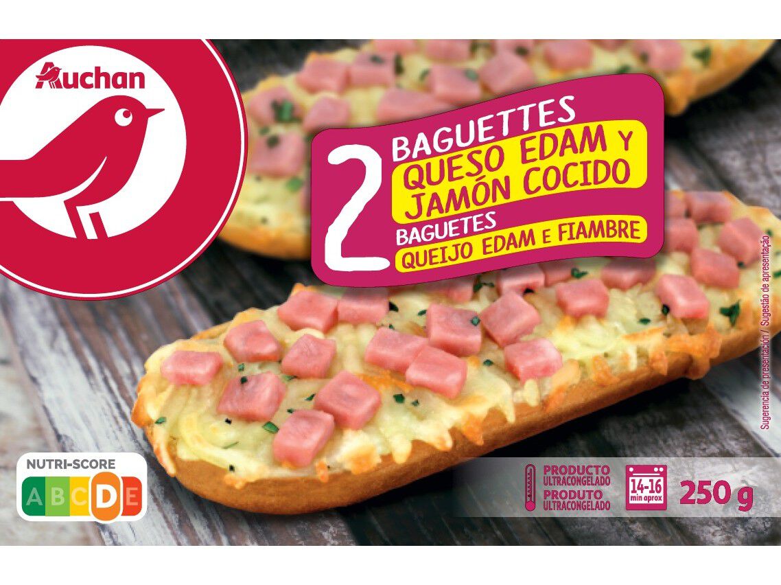 BAGUETES AUCHAN QUEIJO EDAM E FIAMBRE 2UN 250G