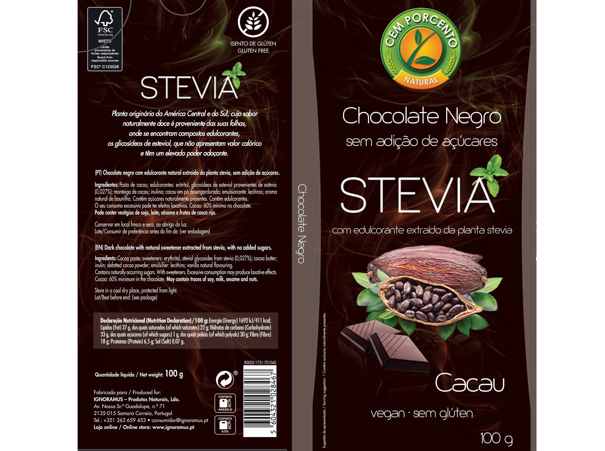 TABLETE CHOCOLATE CEM PORCENTO STEVIA 60% CACAU 100G image number 1