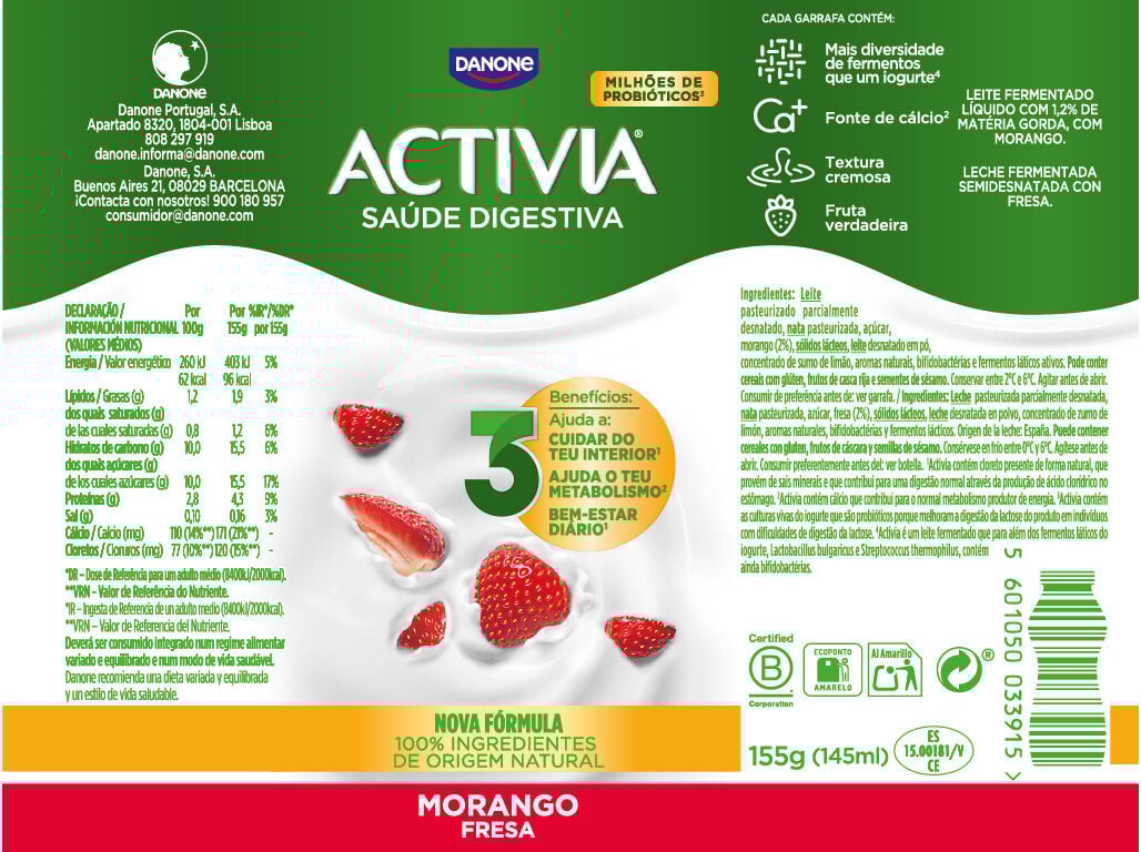 BIFIDUS DANONE ACTIVIA L&Atilde;QUIDO MORANGO 4X155G image number 1