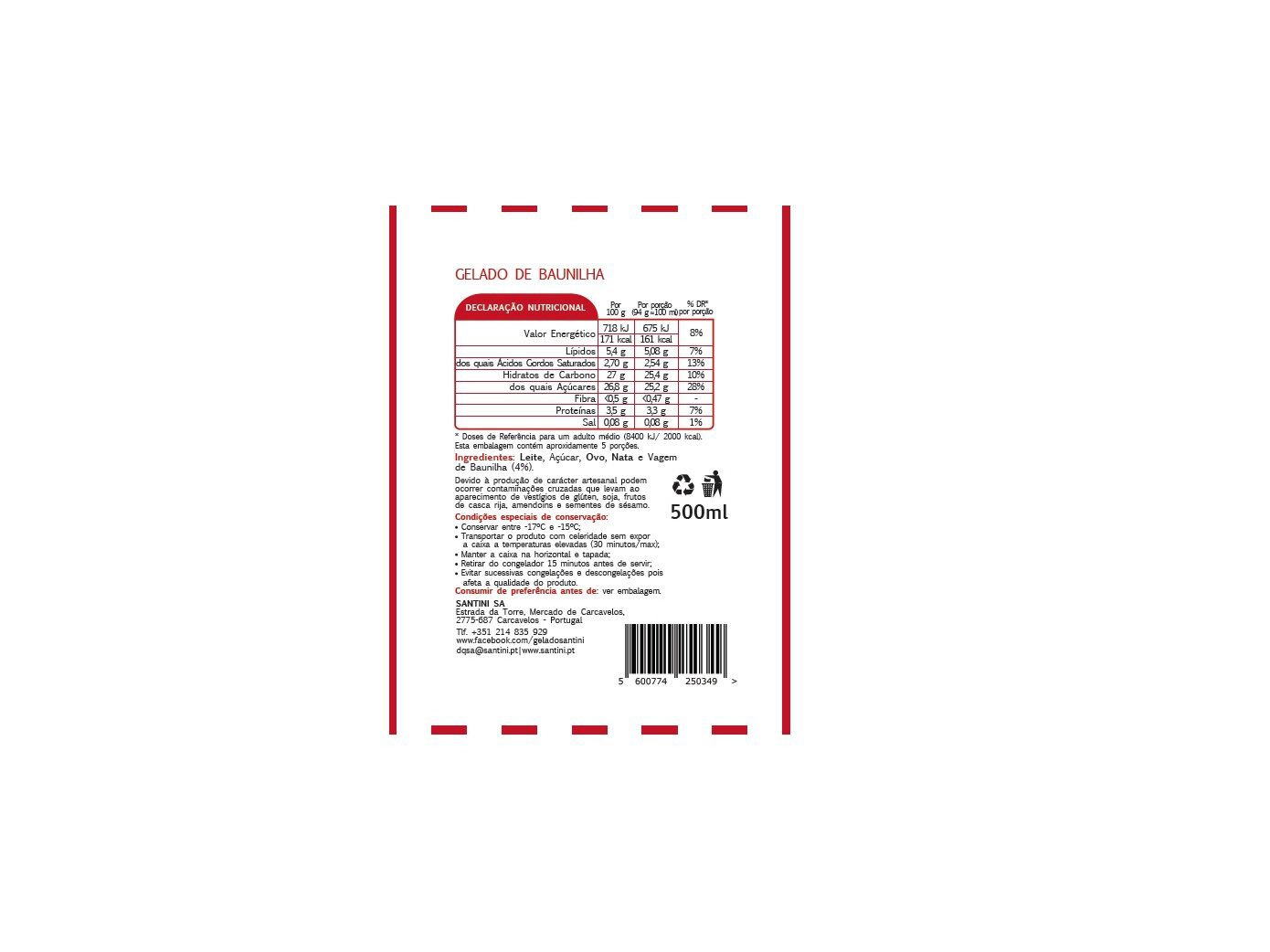 GELADO SANTINI BAUNILHA 500 ML image number 1