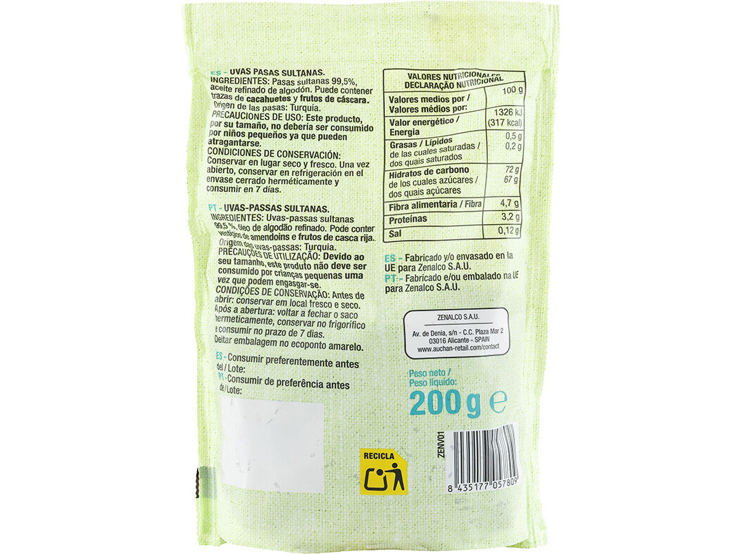 SULTANAS PRETAS AUCHAN 200 G image number 1