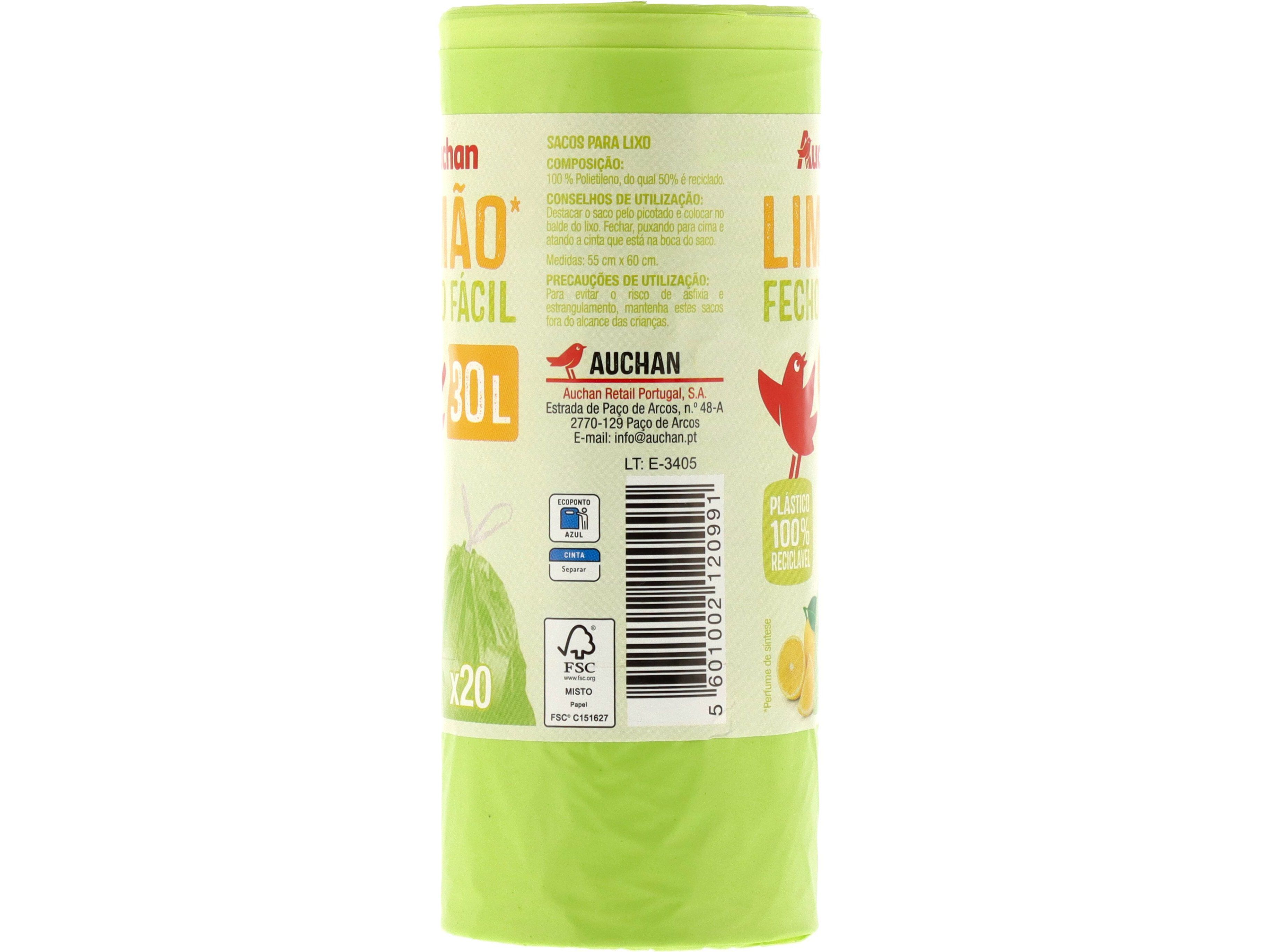 SACO LIXO AUCHAN LIM&Atilde;O FECHO F&Aacute;CIL 30L 20UN image number 1