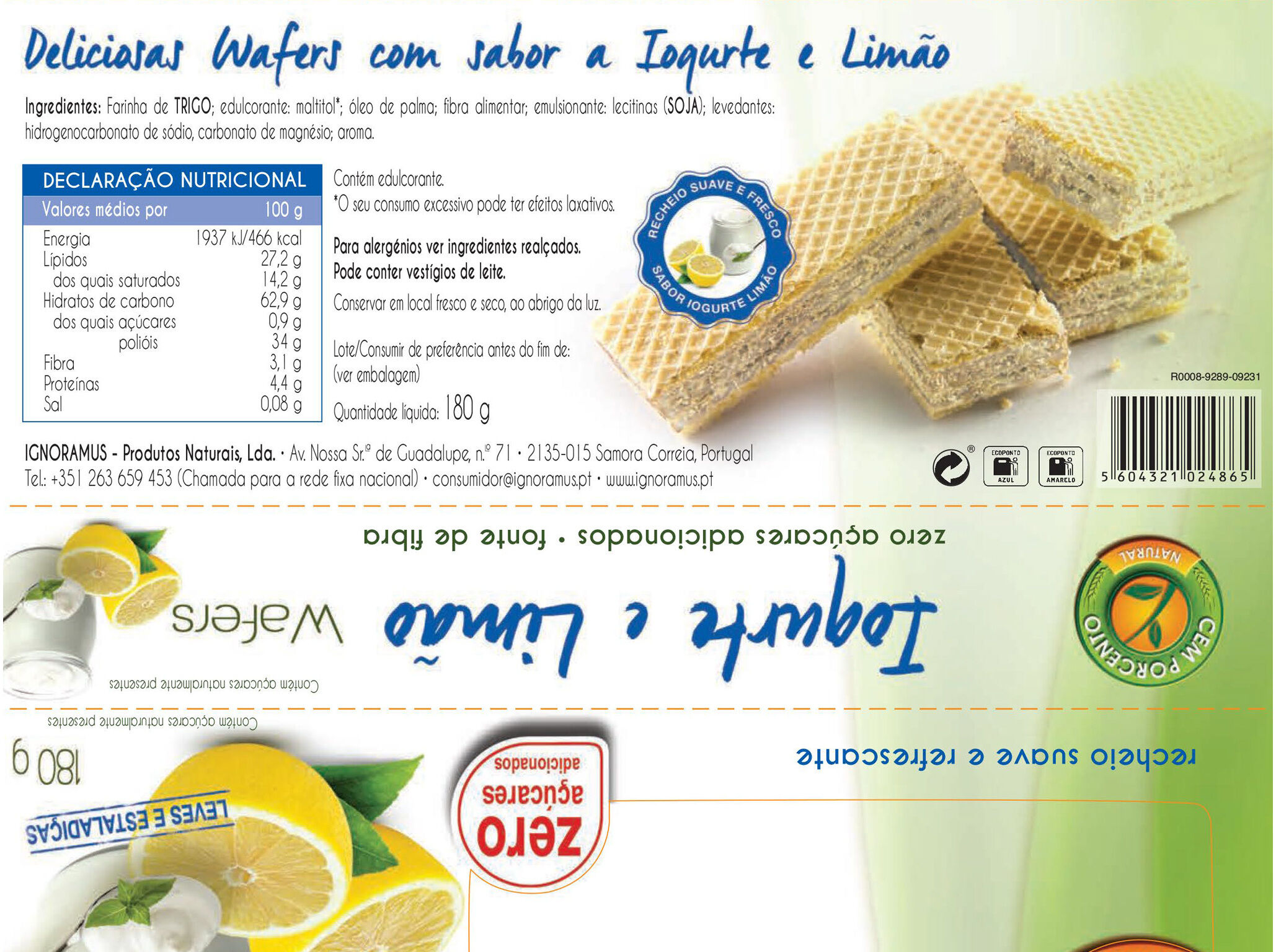 WAFER CEM PORCENTO IOGURTE LIM&Atilde;O SEM A&Ccedil;&Uacute;CAR 180G image number 1