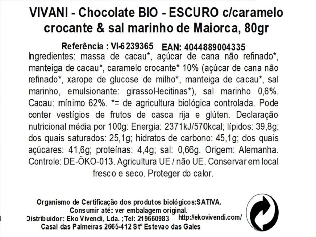 CHOCOLATE VIVANI PRETO CARAMELO SALGADO BIO 80G image number 1