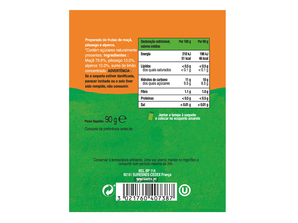 SAQUETAS FRUTA GO GO SQUEEZ PESSEGO ALPERCE 4X90G image number 1