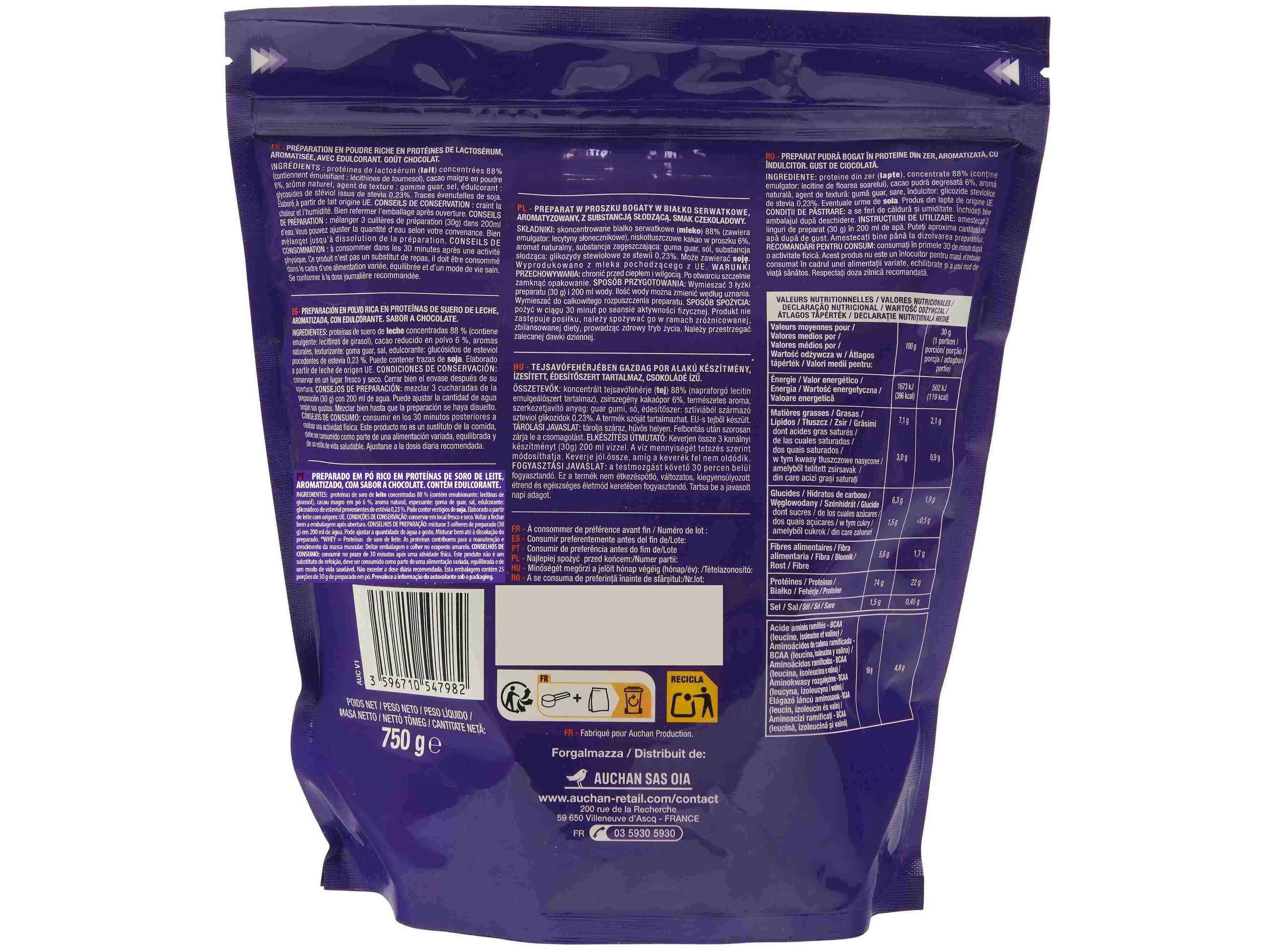PROTE&Iacute;NA WHEY AUCHAN EAT'N MOVE CHOCOLATE 750G image number 1