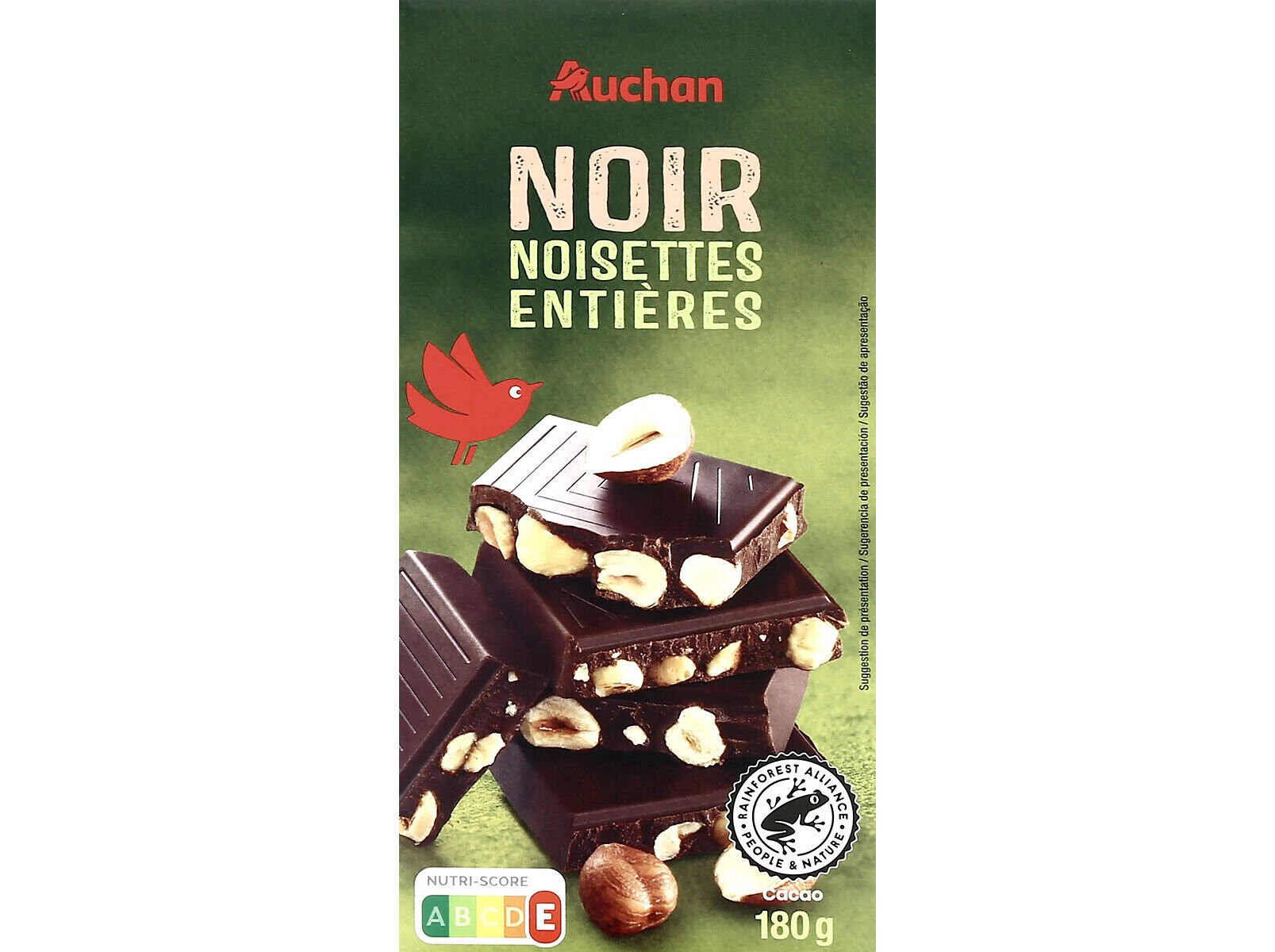 CHOCOLATE NEGRO AUCHAN C/ AVEL&Atilde;S INTEIRAS 180G