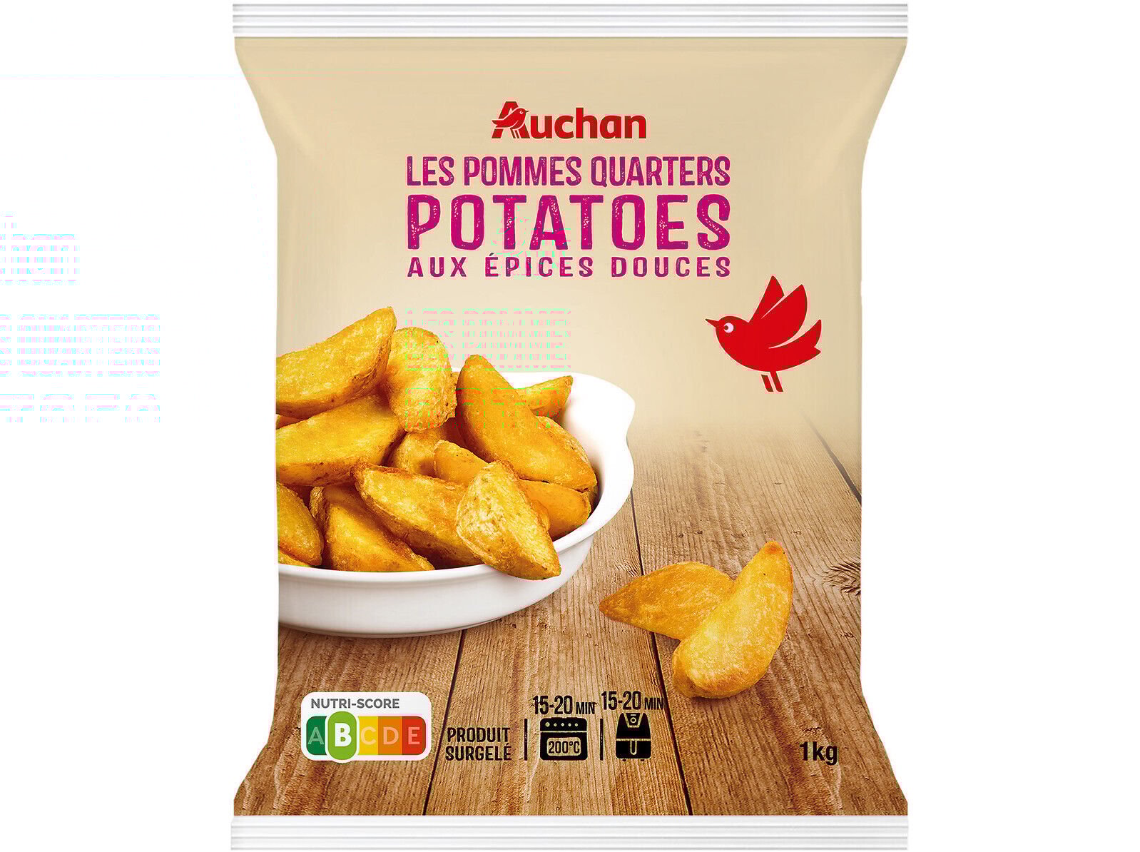 BATATA PR&Eacute;-FRITAS AUCHAN QUARTOS COM PELE PARA FORNO E AIRFRYER 1KG