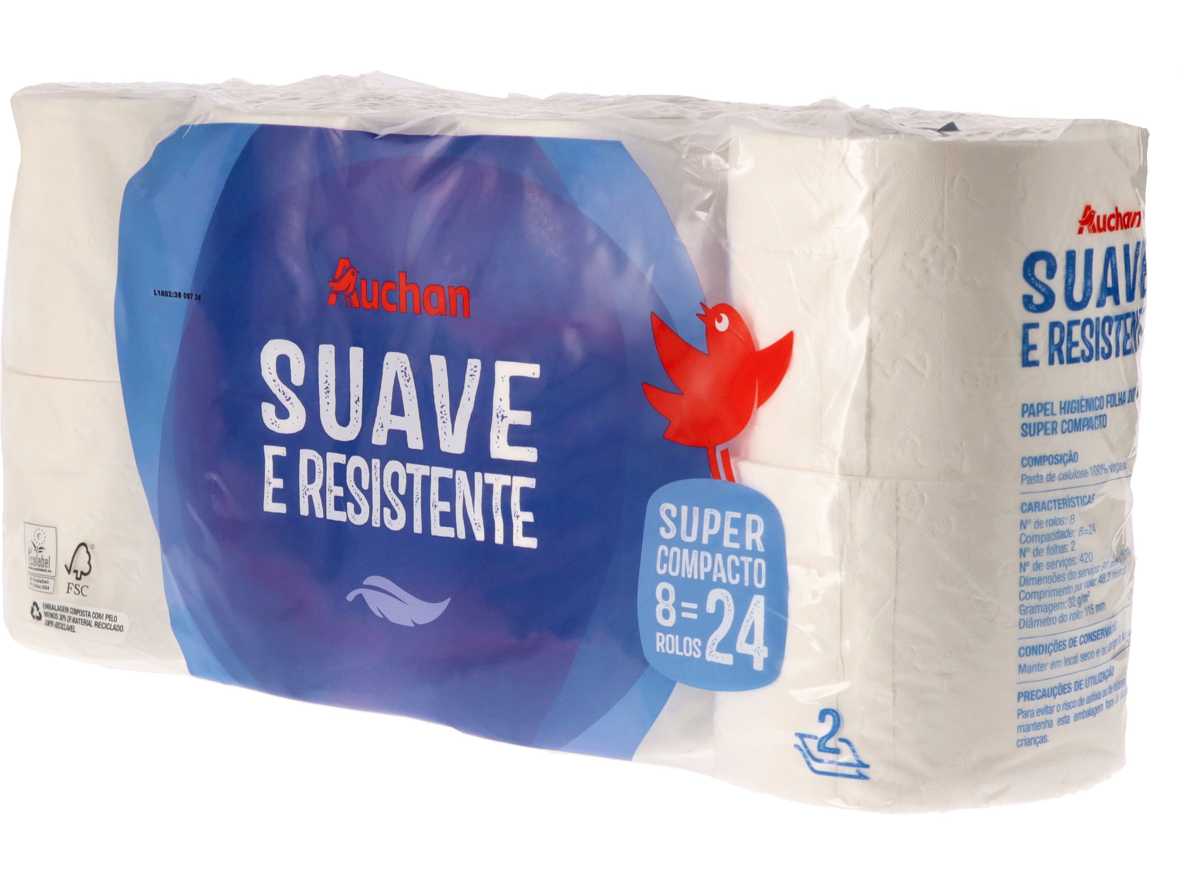 PAPEL HIGI&Eacute;NICO AUCHAN SUAVE E RESISTENTE FOLHA DUPLA SUPER COMPACTO 8 ROLOS = 24 ROLOS image number 1