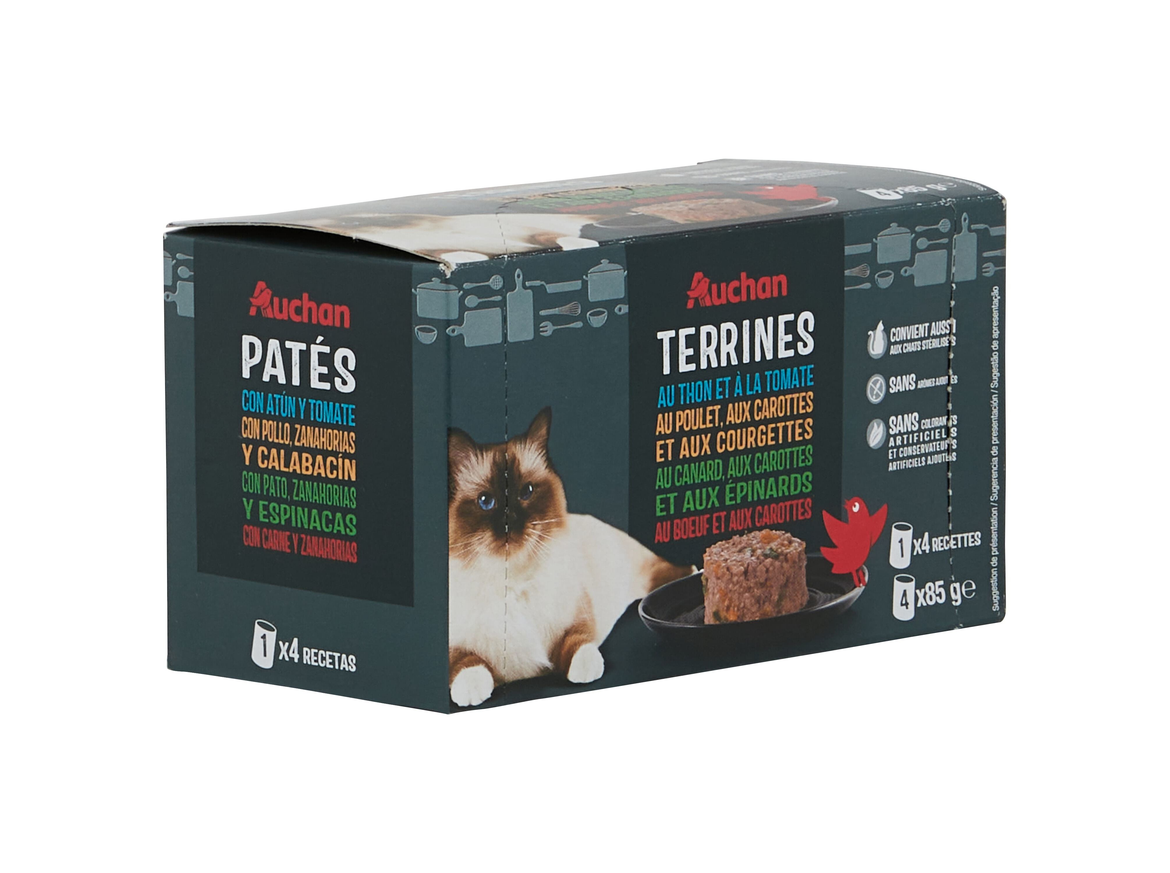 COMIDA H&Uacute;MIDA PARA GATO AUCHAN TERRINAS PEIXE E CARNE 4X85G image number 0