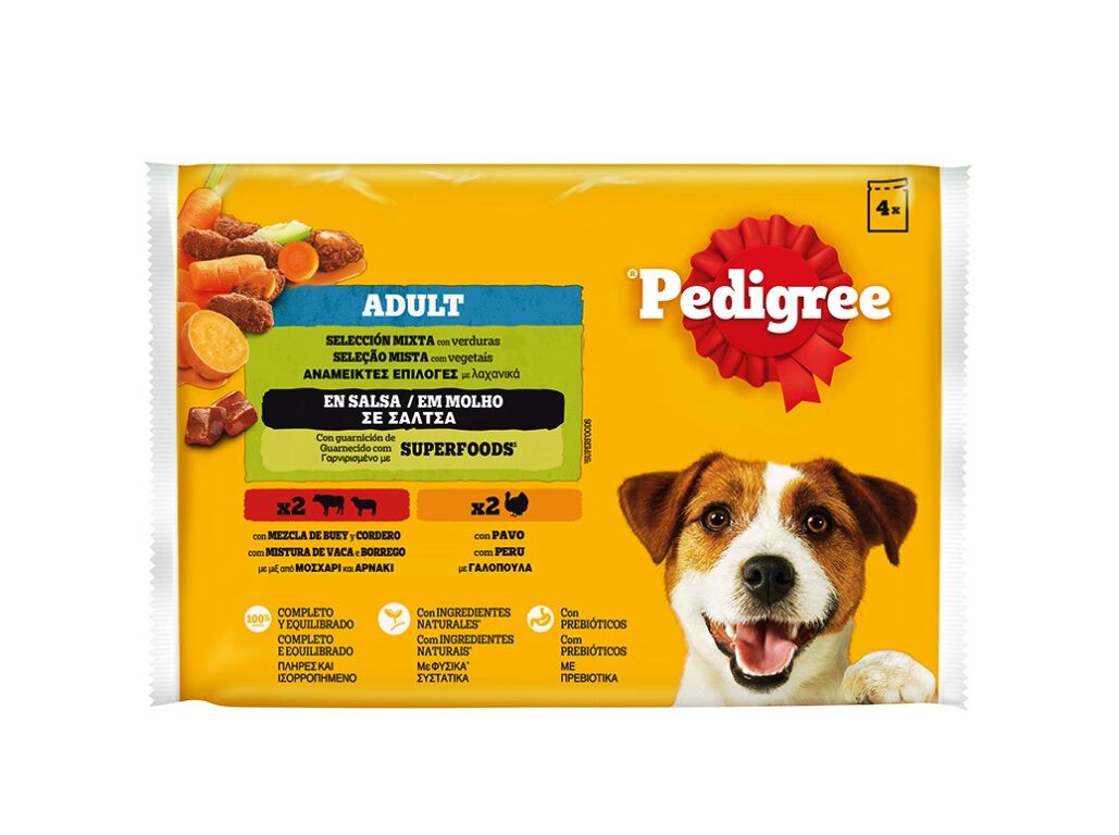 COMIDA H&Uacute;MIDA PARA C&Atilde;O PEDIGREE PAT&Ecirc; COM GALINHAVACA E CENOURA 4X100G