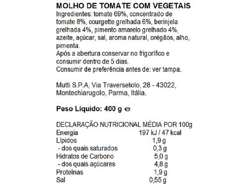 MOLHO MUTTI DE TOMATE COM VEGETAIS GRELHADOS 400G