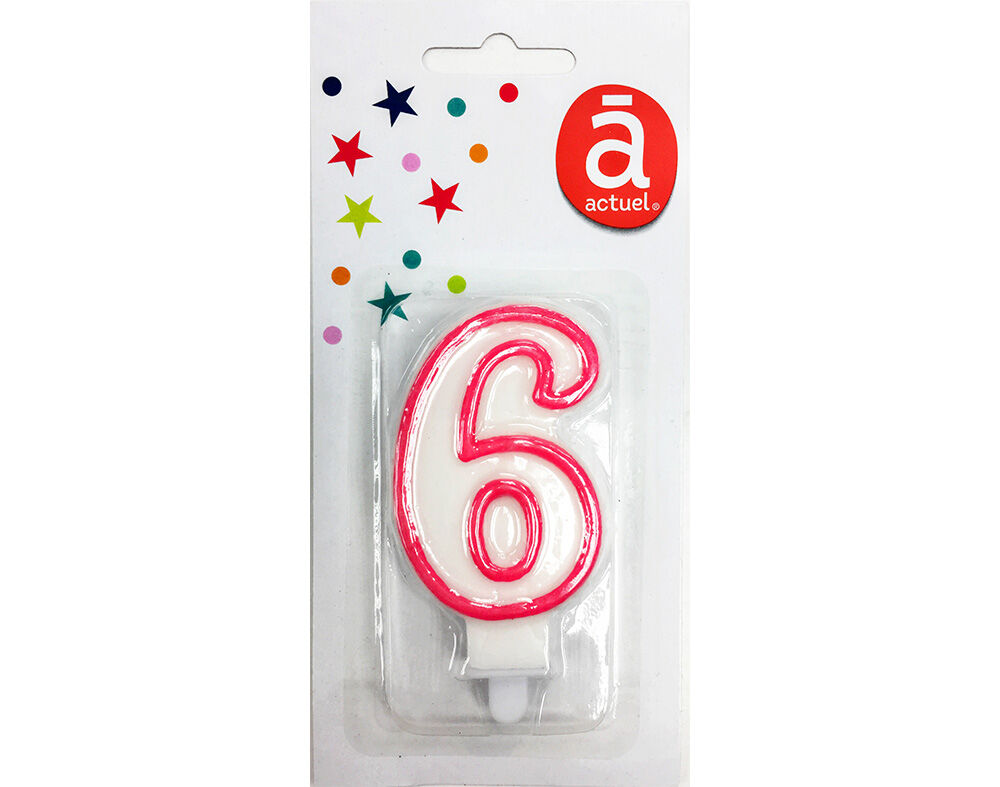 VELA DE ANIVERS&Aacute;RIO N&Uacute;MERO 6 ACTUEL BRANCO COM REBORDO COLORIDO