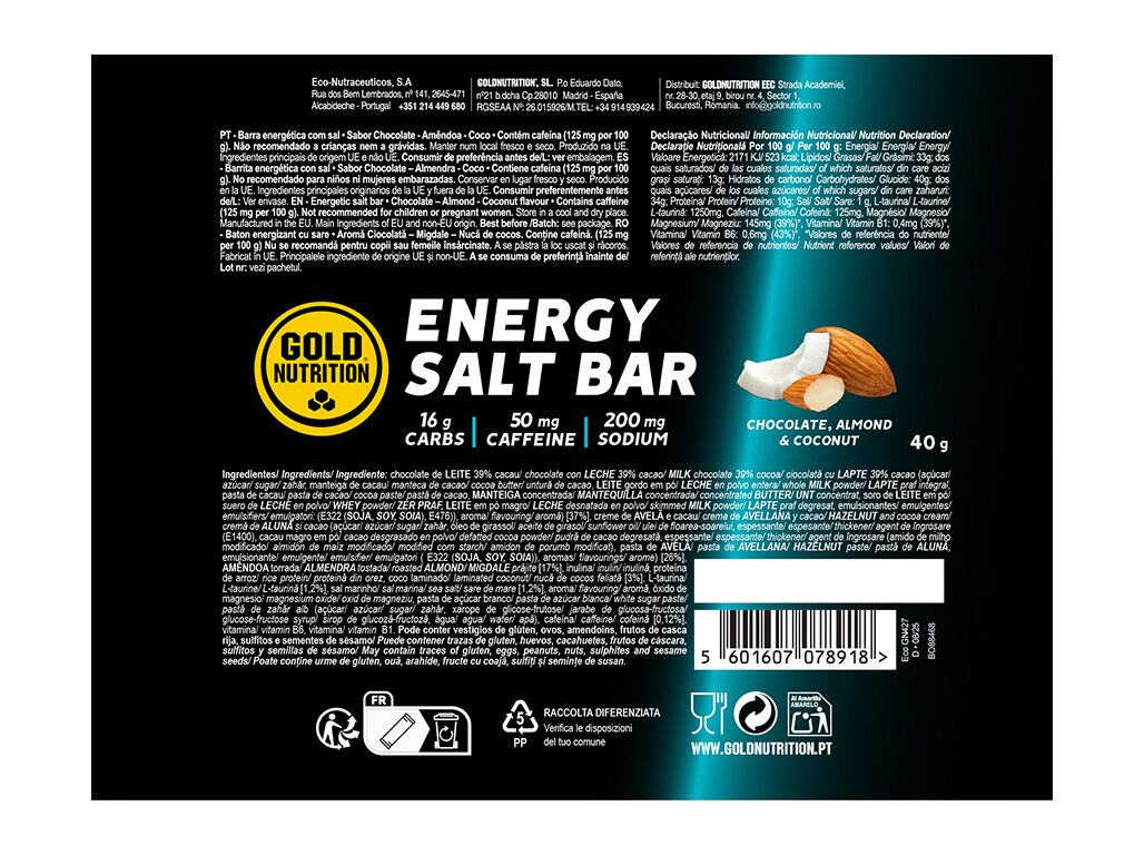 BARRA TOTAL ENER GOLDNUTRIT SALT BAR CHOCO AMENDOA COCO 40G image number 1