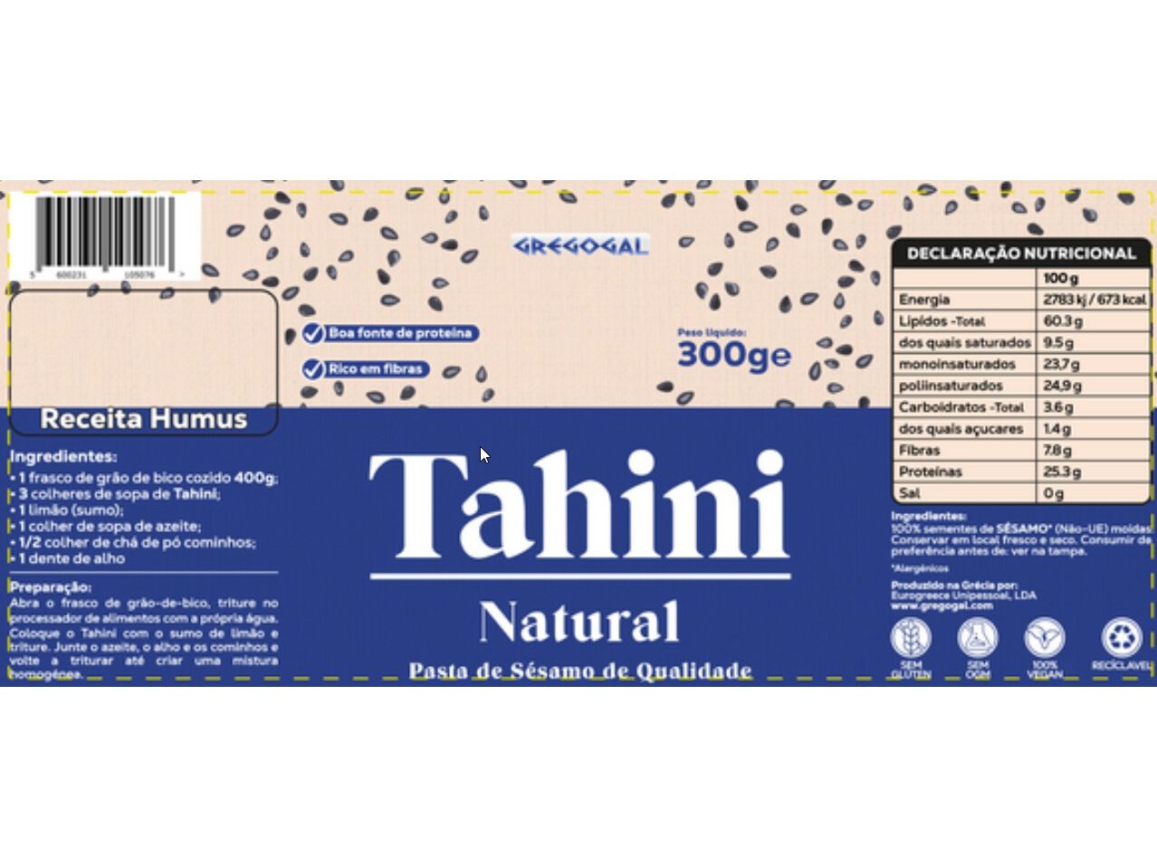 PASTA GREGOGAL TAHINI NATURAL 300G image number 1