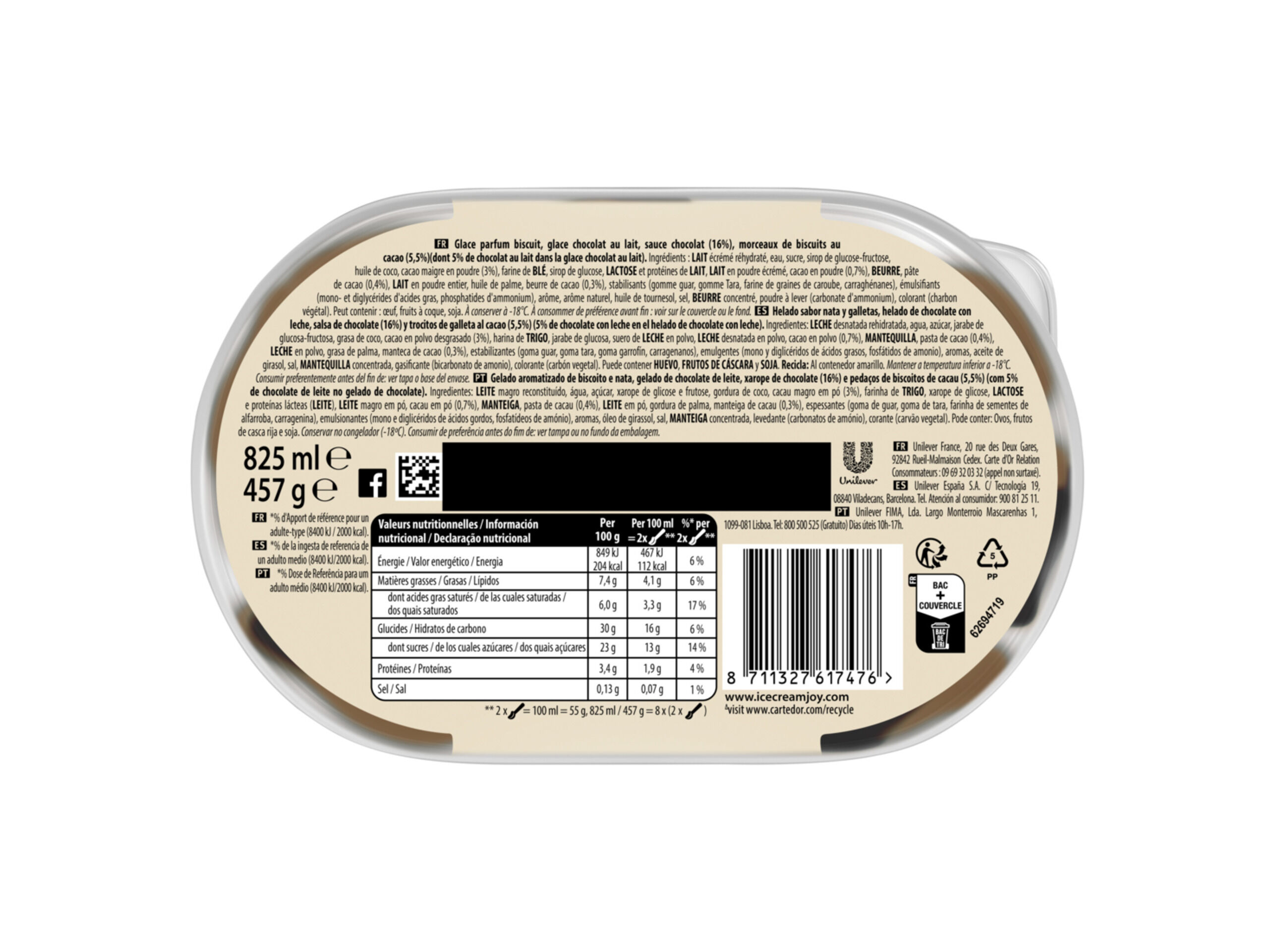 GELADO CARTE D'OR COOKIES & CREAM 825ML image number 1