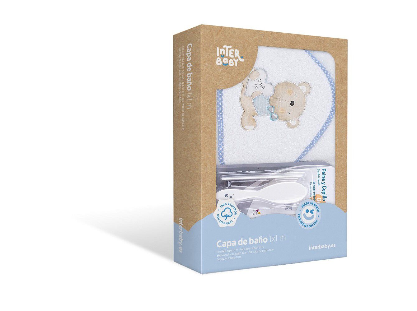 CONJUNTO DE TOALHA BANHO COM CAPUZ INTERBABY +ESCOVA+PENTE BRANCO/AZUL image number 0