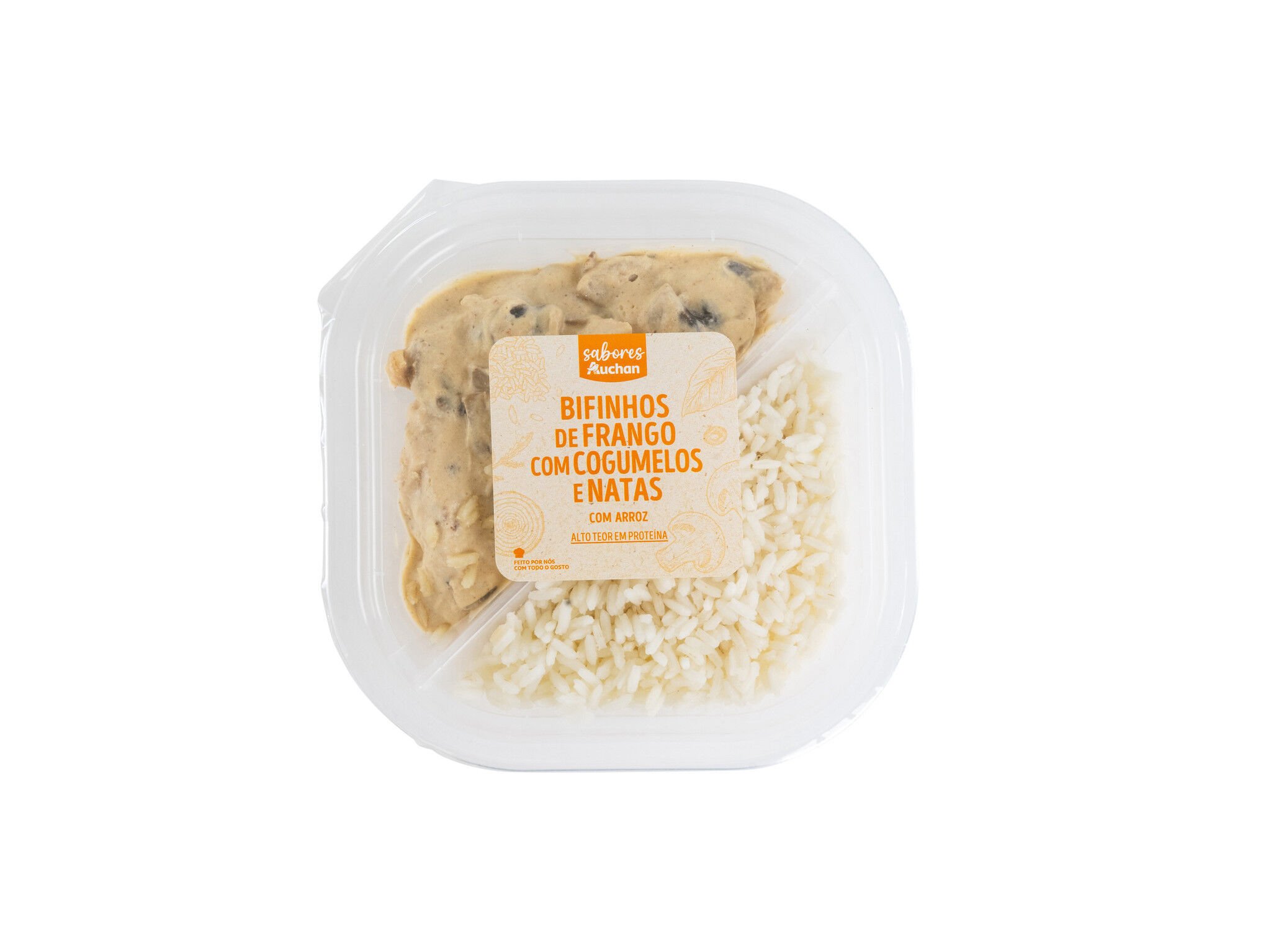 BIFINHOS DE FRANGO COM COGUMELOS E NATAS COM ARROZ SABORES AUCHAN 300 G