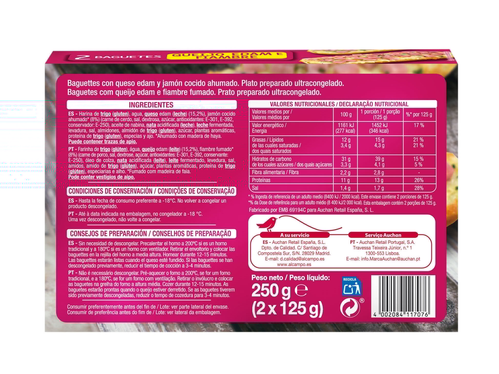 BAGUETES AUCHAN QUEIJO EDAM E FIAMBRE 2UN 250G image number 1