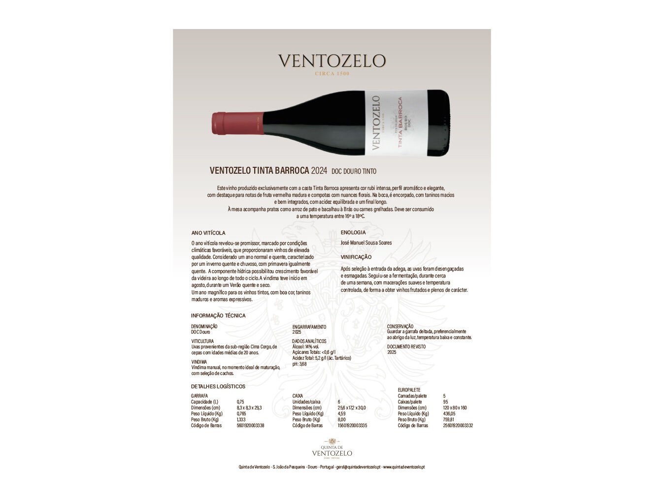 VINHO TINTO VENTOZELO SUPERIOR TINTA BARROCA DOURO 0.75L image number 1