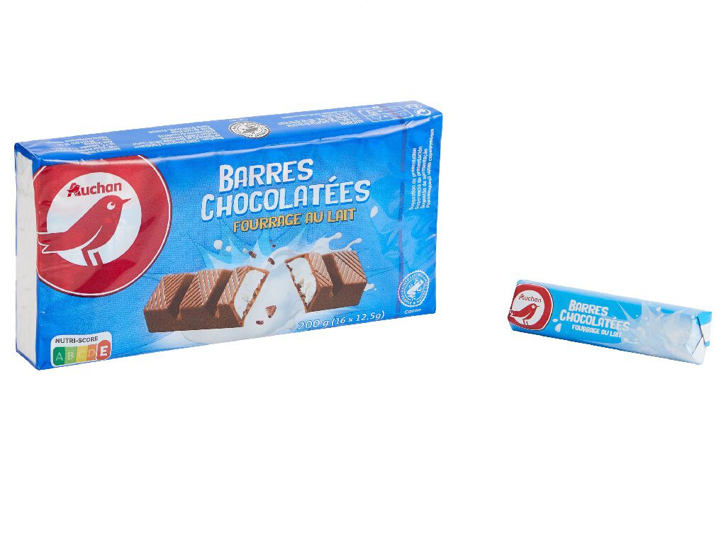 BARRAS AUCHAN DE CHOCOLATE RECHEADAS CREME LEITE 16UNX12.5 200G