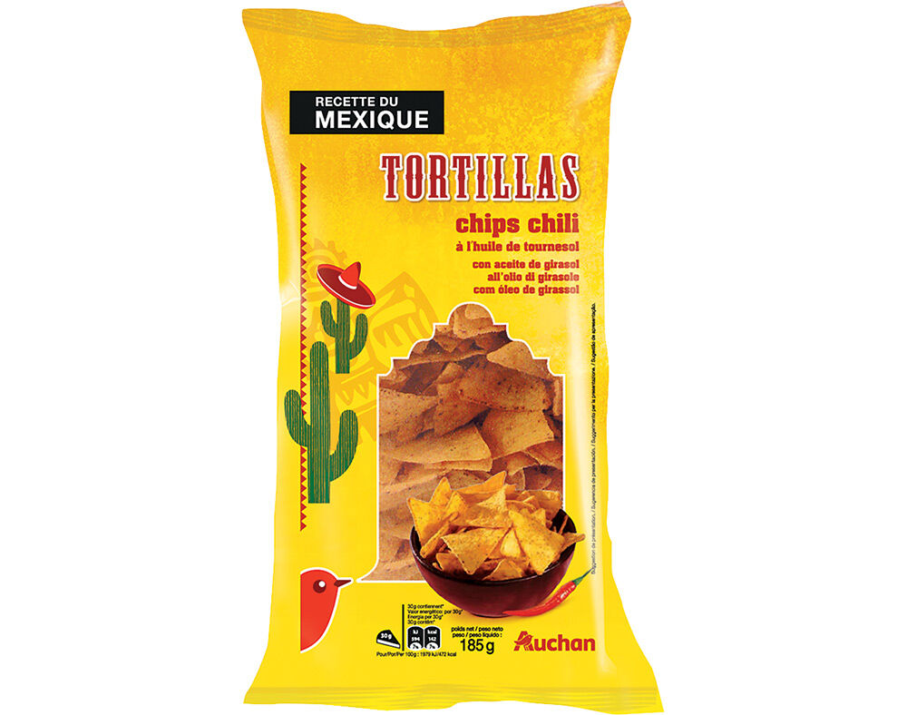 TORTILHAS AUCHAN BASE MILHO CHILI COM &Oacute;LEO GIRASSOL 185G