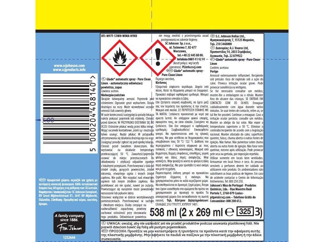 AMBIENTADOR GLADE AUTOM&Aacute;TICO RECARGA CLEAN LINEN 2X269ML image number 1