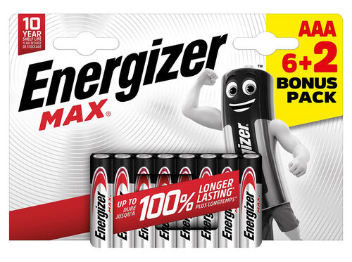 PILHAS MAX ENERGIZER LR03 AAA PACK 6+2 UNIDADES