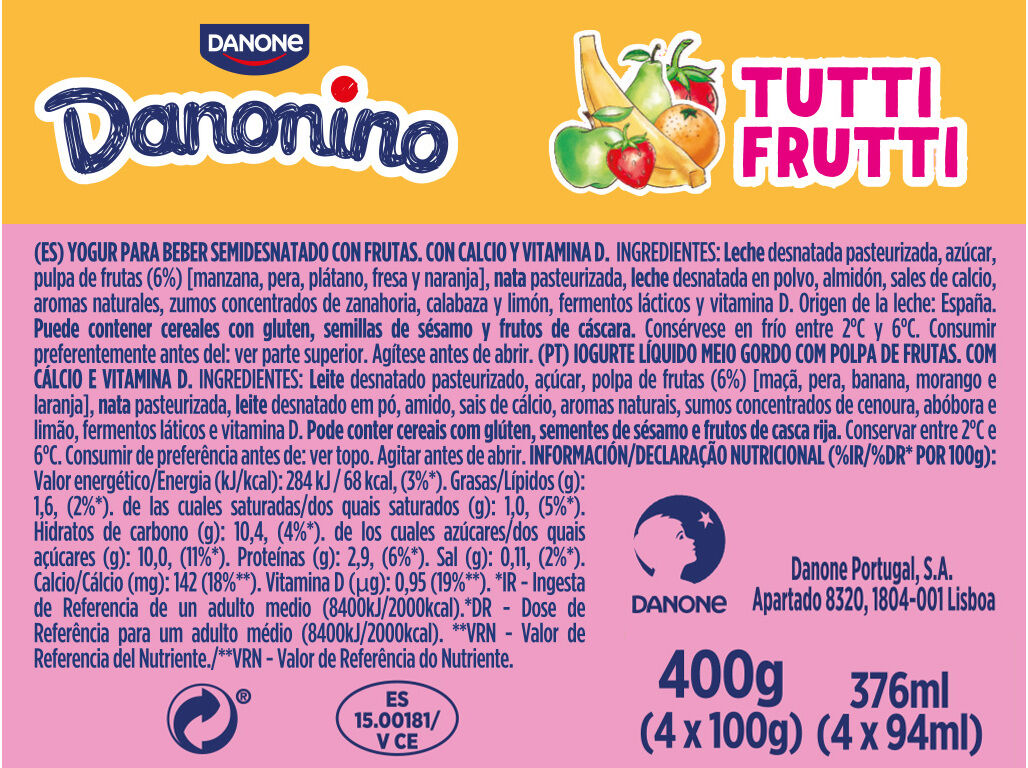 IOGURTE DANONINO PARA BEBER TUTTI FRUTTI 4X100 G image number 1