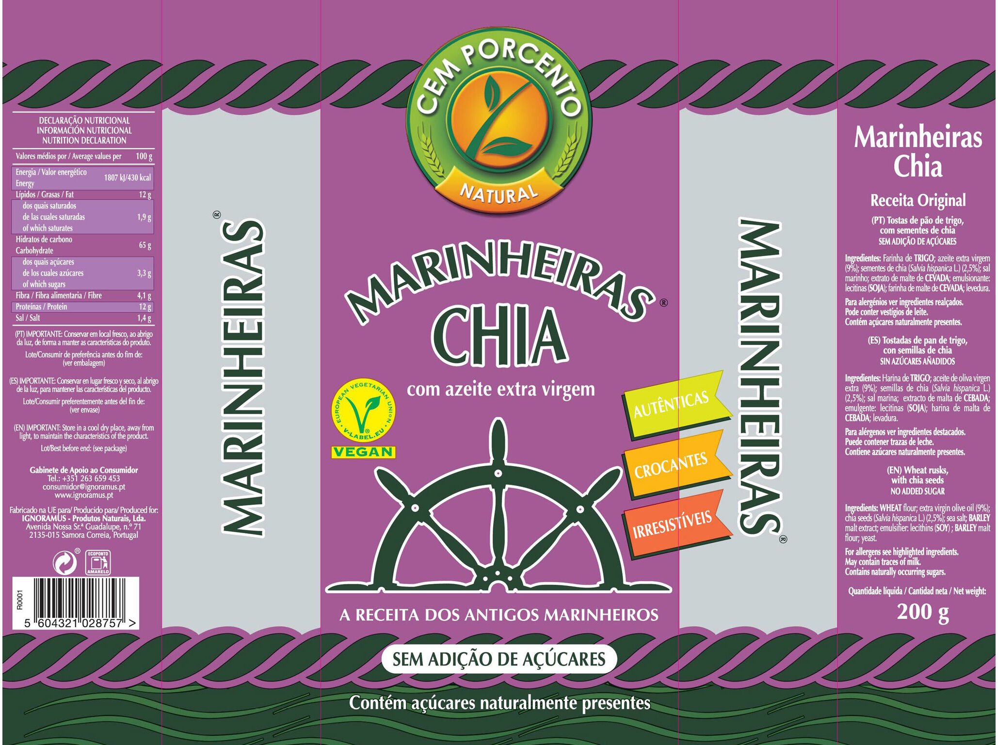 BOLACHAS CEM PORCENTO MARINHEIRAS CHIA 200G image number 1