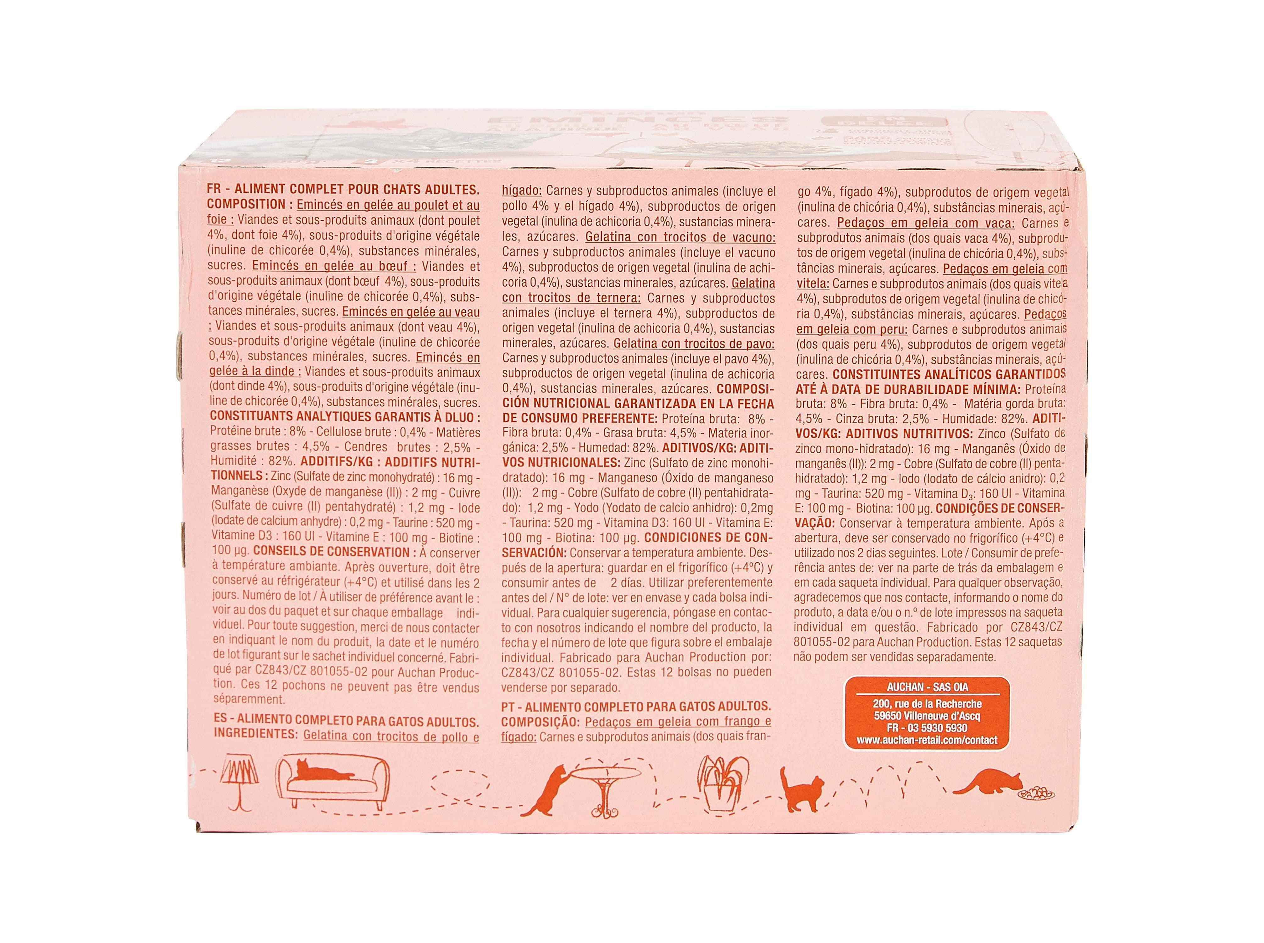 COMIDA H&Uacute;MIDA PARA GATO AUCHAN SAQUETAS PEDA&Ccedil;OS EM GELEIA CARNE 12X100G image number 1