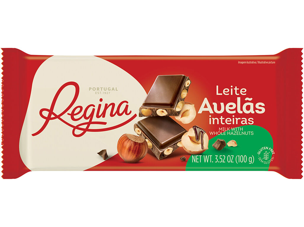 CHOCOLATE REGINA DE LEITE COM AVEL&Atilde;S INTEIRAS 100G