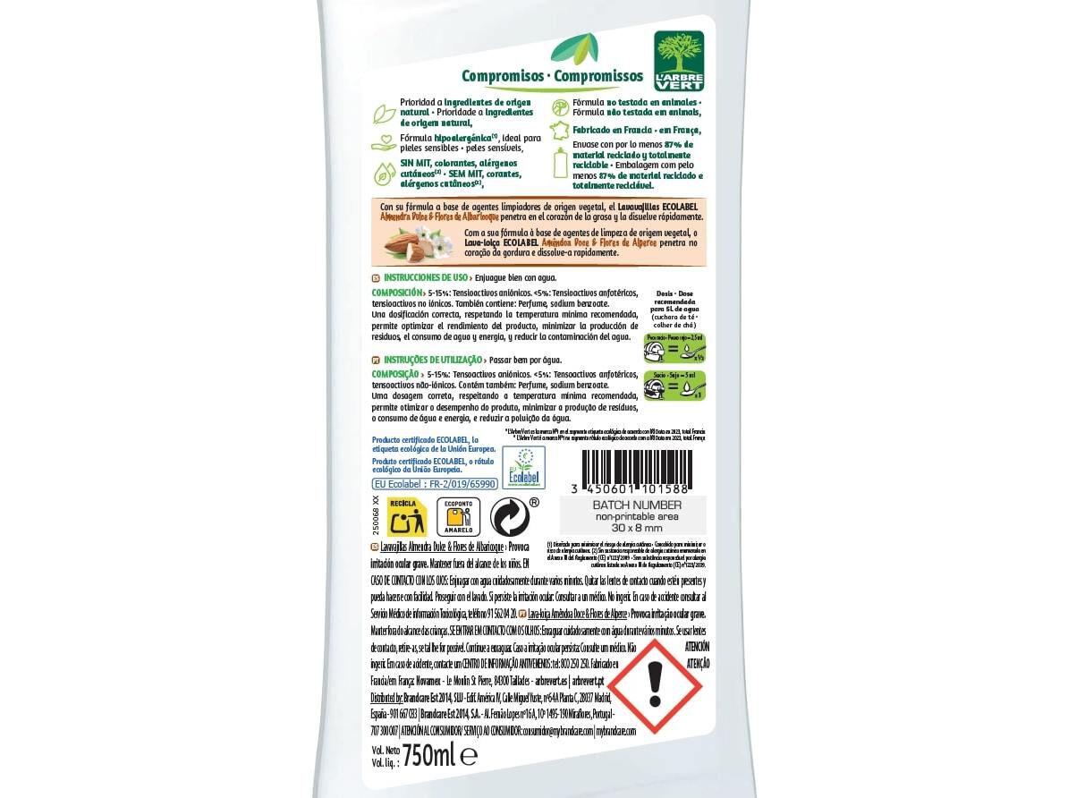 DETERGENTE LOI&Ccedil;A MANUAL L'ARBRE VERT AM&Ecirc;NDOA DOCE 750ML image number 1