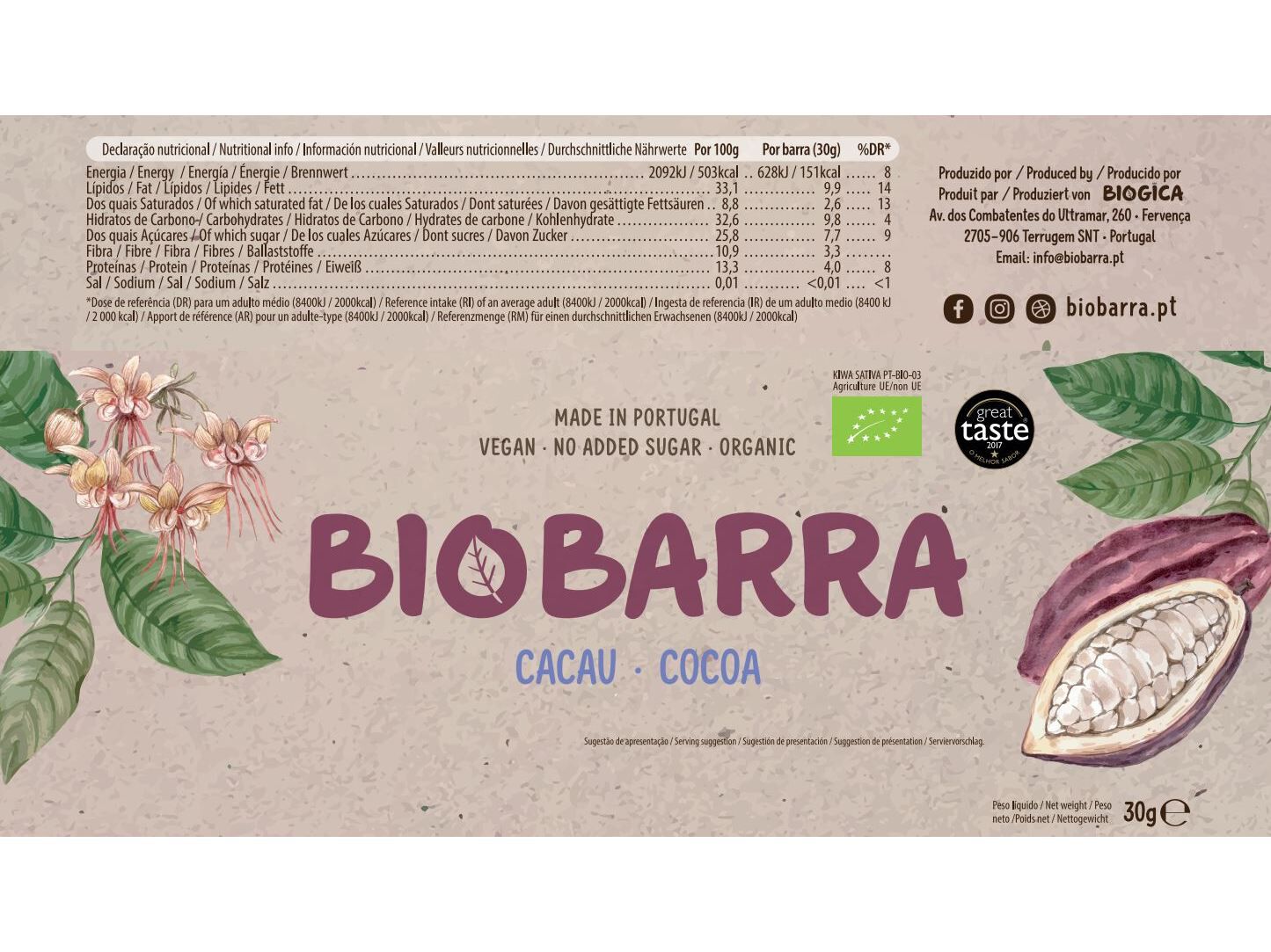 BARRA ENERG&Eacute;TICA BIOBARRA S/ GL&Uacute;TEN CACAU BIO (L) 30G image number 1