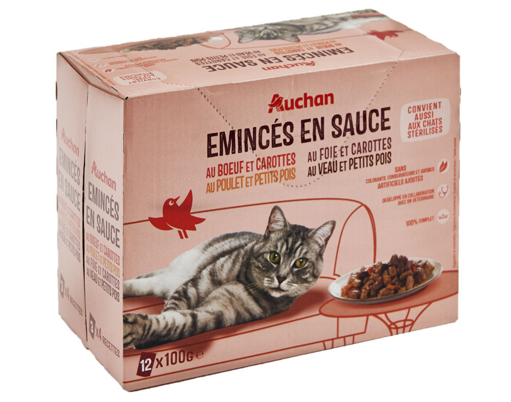 COMIDA H&Uacute;MIDA PARA GATO AUCHAN SAQUETAS PEDA&Ccedil;OS EM MOLHO CARNES 12X100G image number 0