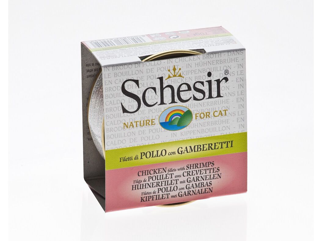 COMIDA H&Uacute;MIDA PARA GATO SCHESIR LATA COM FRANGO E GAMBAS 70G