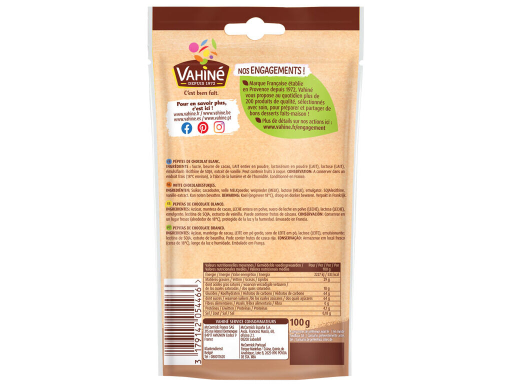 PEPITAS VAHIN&Eacute; CHOCOLATE BRANCO 100G image number 1