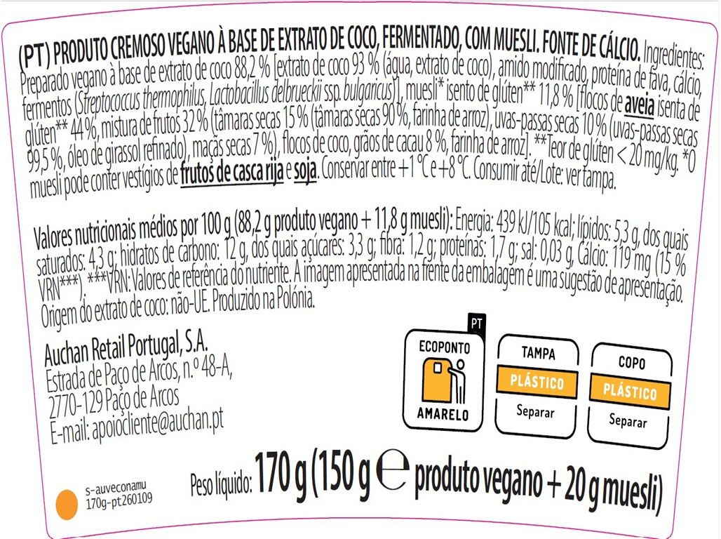 COCOGURTE AUCHAN NATURAL/MUESLI 170G image number 1